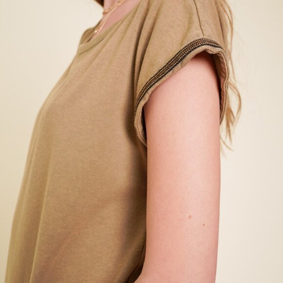 HEM & THREAD Camel T-Shirt Dress, Casual Relaxed Fit with Sequin Trim Sleeves - Picture 4 of 6